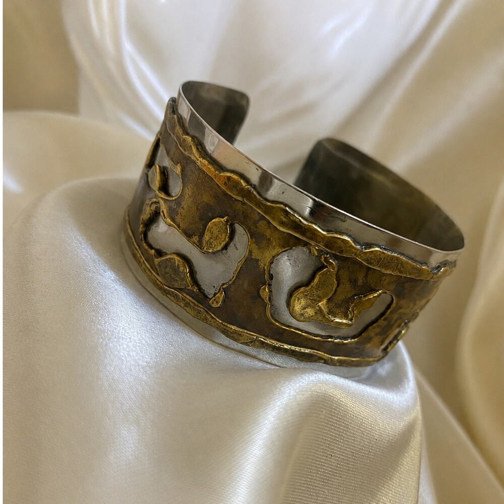 Vintage Brutalist Two Toned Brass Silver Tone Artisan Cuff Bracelet Abstract